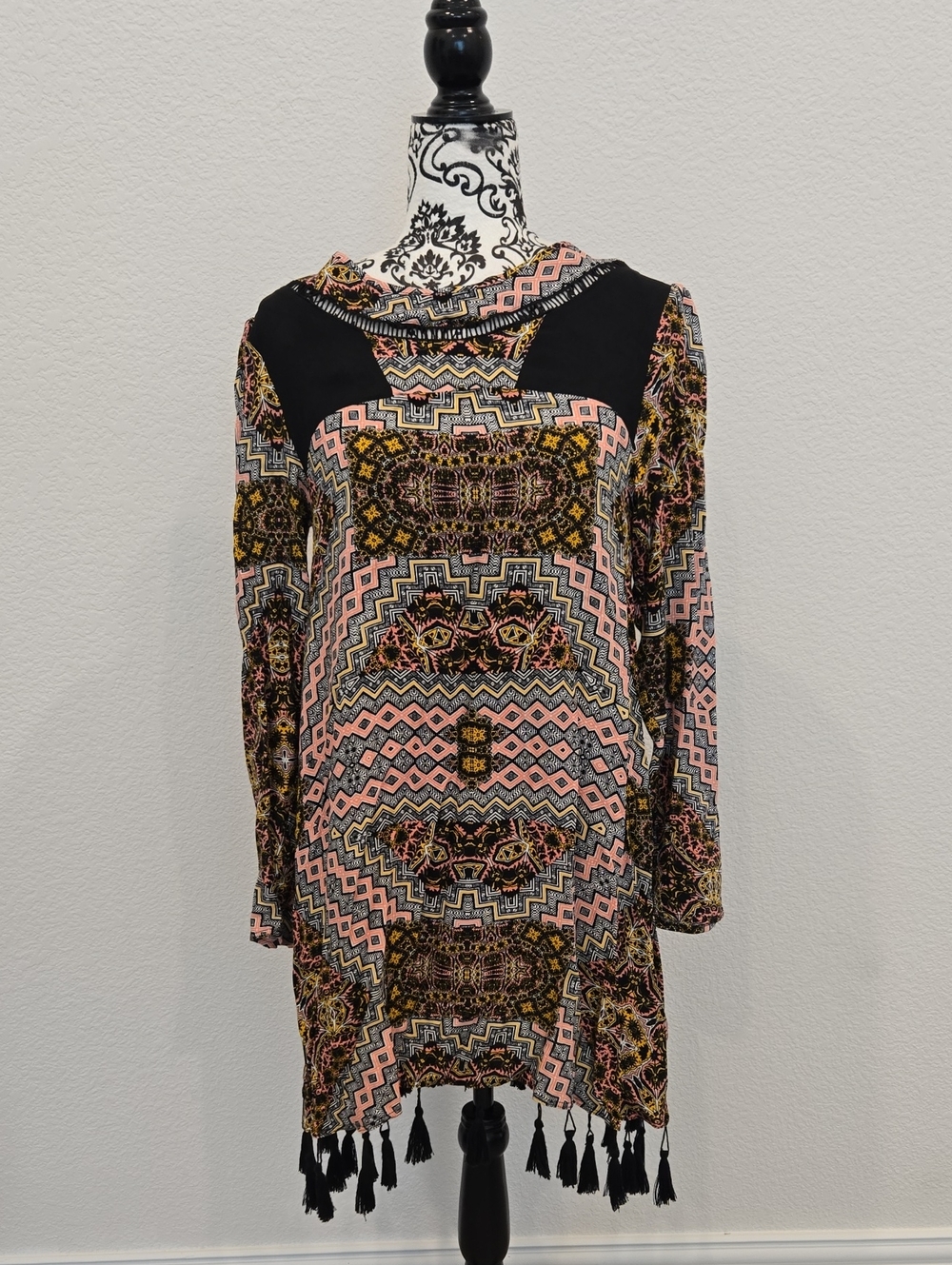 Boho Tassel Hem Printed Dress - Pink, Black, Gold